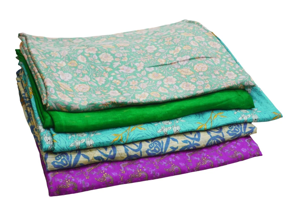 Vintage Lot Of 5 Sarees Recycled Used Felting Quilting Pure Silk Sari Defects - Image 2 of 4