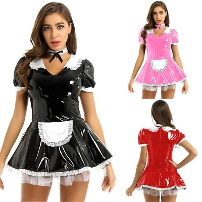 Damen Wetlook V-Ausschnitt Maid Kleid Zimmermädchen Kostüm mit Reißverschluss - Bild 1 von 4