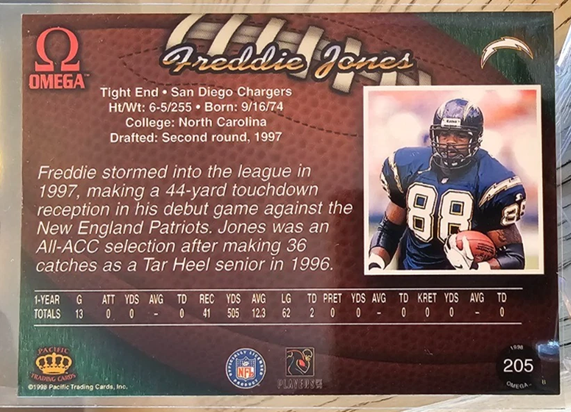 1998 Pacific Omega Freddie Jones #205 Chargers - Image 2 of 2
