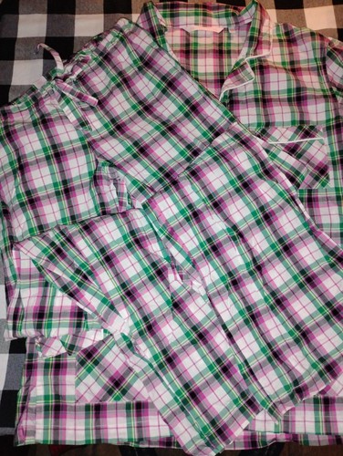 Pigiama Victoria Secret rosa verde a quadri cotone set manica lunga con bottoni taglia S - Foto 10 di 14