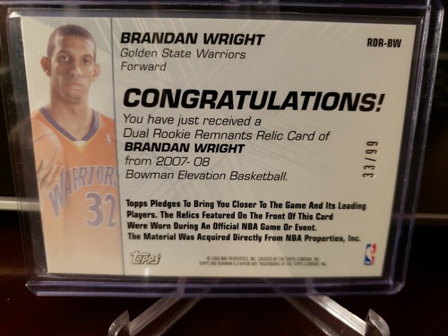 2007-08 Bowman Elevation Remnants Dual #33/99 Brandan Wright #RDR-BW Rookie - Picture 4 of 4