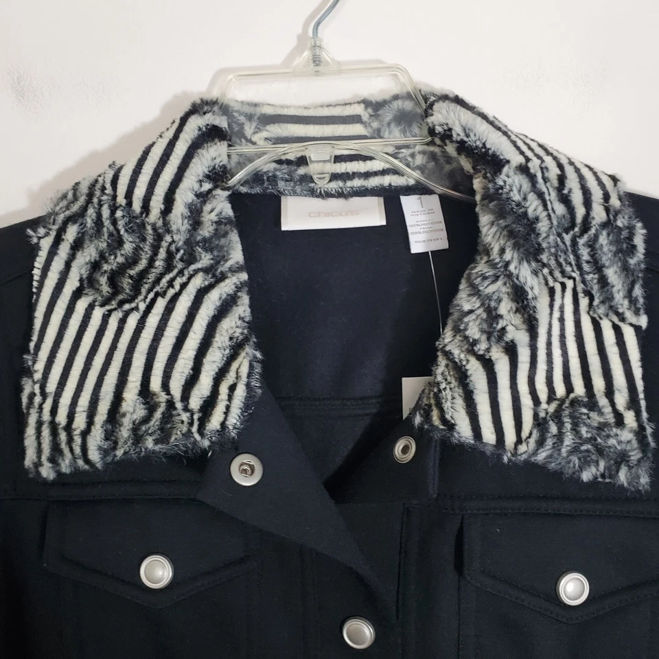 NWT Chico's Faux Fur Zebra Trim Jacket Black Boho Artsy Animal Safari Medium - Image 4 of 4