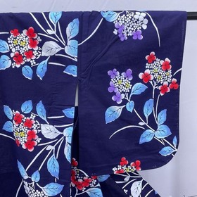 Dark Blue Floral Yukata Kimono for Women, Used, Summer Cotton, Japan
