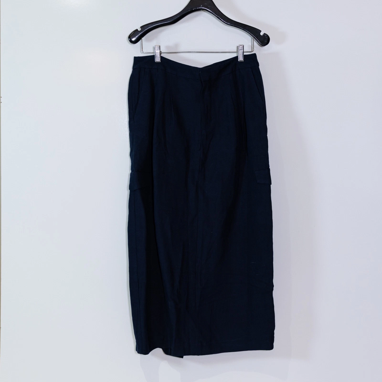 NEW Madewell Pleated High Waist Cargo Linen Blend Midi Skirt Deep Indigo 8