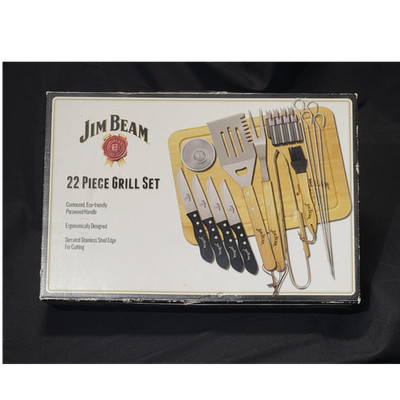 Jim Beam 22-Piece BBQ Tool Set Stainless Steel Parawood Handles Spatula Tongs