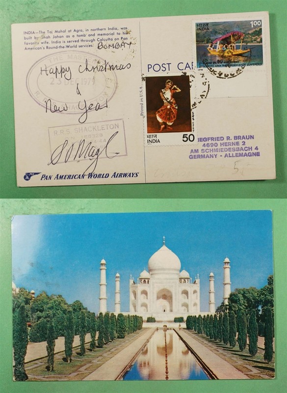 DR WHO 1979 INDIA RRS SHACKLETON SHIP TAJ MAJAL POSTCARD TO GERMANY R52485