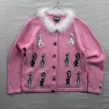 Berek Cat Embroidered Cardigan Womens XL Pink Faux Fur Collar Paw Buttons
