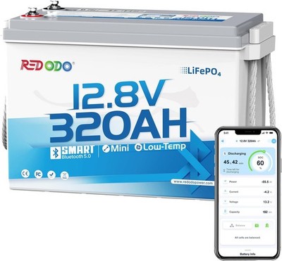 Redodo 12V 320Ah Mini Bluetooth LiFePO4 Battery 200A BMS 4096Wh for RV,Solar