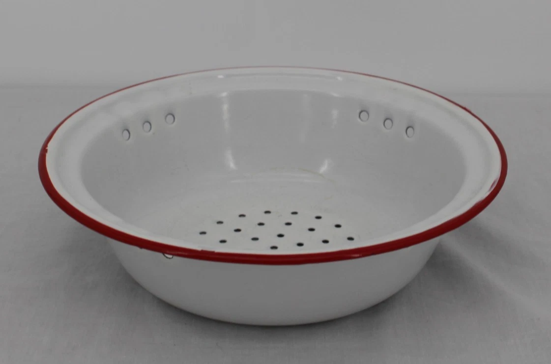 Enamelware Colander Strainer Bowl White Red Rim Perforated Farmhouse Kitchen
Opens in a new window o
