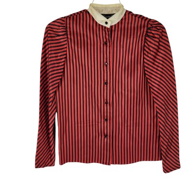 Striped Puff Sleeve Button Up Blouse Contrast Collar Statement Retro 80s Top 10