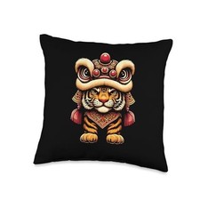 Tiger Dancing Happy Chinese New Year 2026 Lion Dance Throw Pillow 16x16