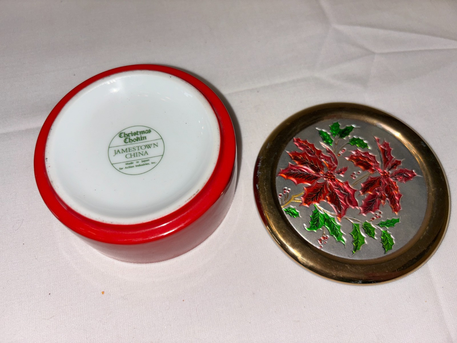 Vtg Christmas Chokin Jamestown China Poinsetta Trinket Box 24k Gold Trim Dish