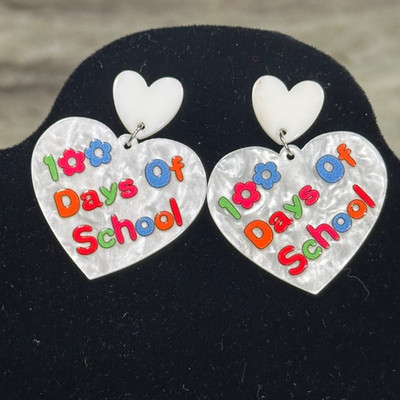 100 DAYS OF SCHOOL Heart Pierced Dangle Earrings Floral NEW Teacher Librarian