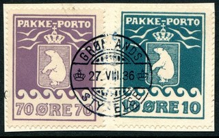 (630) VERY GOOD GREENLAND 10o & 70o SGP7A & P11A ON PIECE 1936 POSTMARK INTEREST