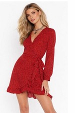NASTY GAL Women's Mini Wrap Dress Red MEDIUM Animal Print Long Sleeve Ruffle