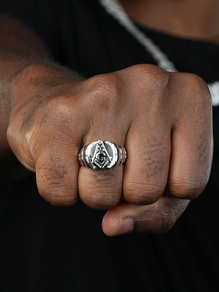 Anillo de plata esterlina 925 sólido real para hombre letra masónica G ónix negro Foto 4 de 4