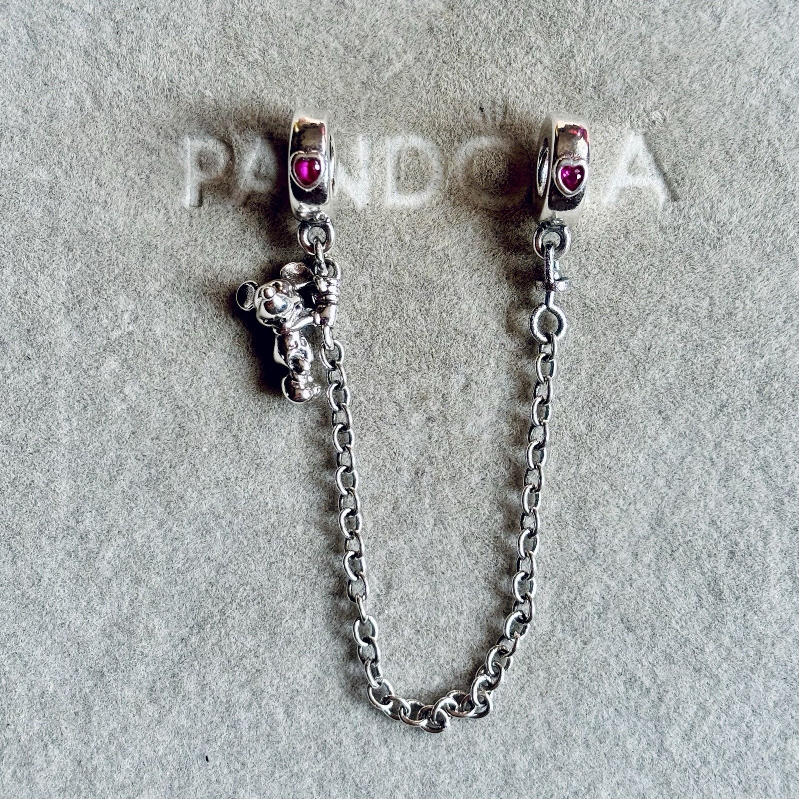Pandora S925 ALE Disney Mickey Mouse Pink Heart CZ Safety Chain Charm