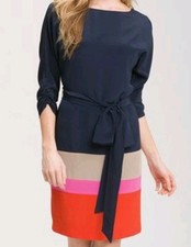 Eliza J 100 % Silk Colorblock Crepe De Chine Navy Dress with Belt Size 10 Mini