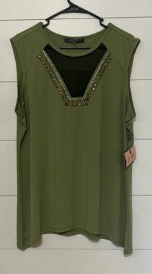 ESSENTIALS S 1X Womens Sleeveless Top Green Jeweled Sequin Neck Mature Artsy NWT