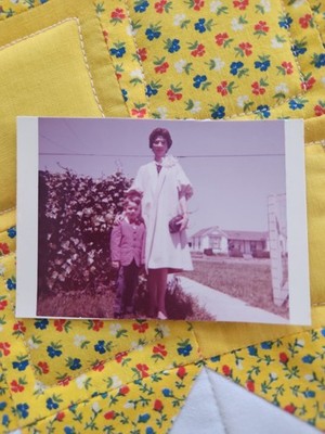 VTG Color Snapshot Photo 1960s Mother Son Portraot Yard Dressed Up