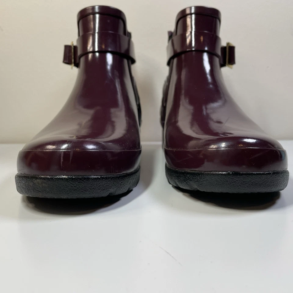 Botas Hunter Femininas 7 Borgonha Refinada Chelsea Acolchoada Brilho Chuva Bota Curta - Imagem 2 de 4