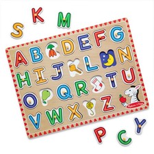 26 Piece Wooden Alphabet Peg Puzzle for Kids Ages 3 to 5 with Pictures