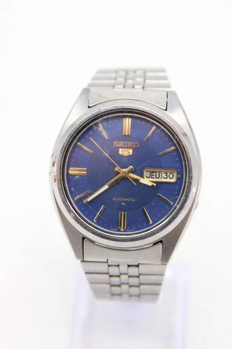 C Vintage Gent Seiko 5 Blue Dial Day/Date 7009-8740 Automatic Running Wristwatch