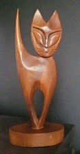 Vintage Mid Century Wooden Carved Cat Figurine Approx 24 Cm Tall.