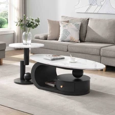 Modern Nesting Coffee Table Set of 2 End Table for Living Room, Oval and Round