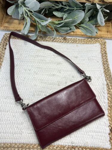 Wallet Women's Leather Maroon Tri Fold Check Book Coin Purse Strap - Picture 1 of 24