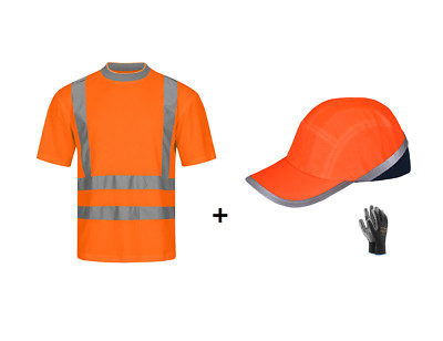 Warnschutz T-Shirt orange  inkl. Warnschutz Anstosskappe Base Cap + Handschuhe