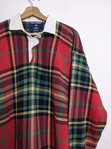 Polo Sport Ralph Lauren Knit Rugby Shirt Mens Extra Large Red Tartan Plaid 90s - Picture 2 of 12