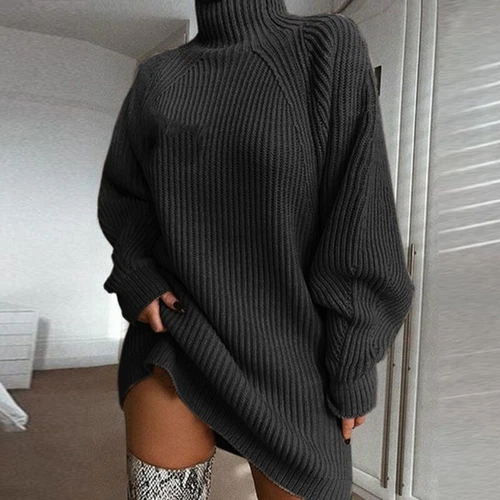 Elegant Women Turtleneck Oversized Knitted Dress Long Sleeve Mini Sweater Dress - Picture 14 of 19