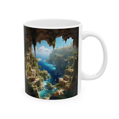 3D Illusion Landscape of Aegean Sea from the cave Mug Cup, 3D View Blue Ocean