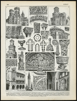 2 antike Drucke-RÖMISCHE KUNST-ARCHITEKTUR-TEMPEL-SKULPTUR-ROM-Larousse-1897