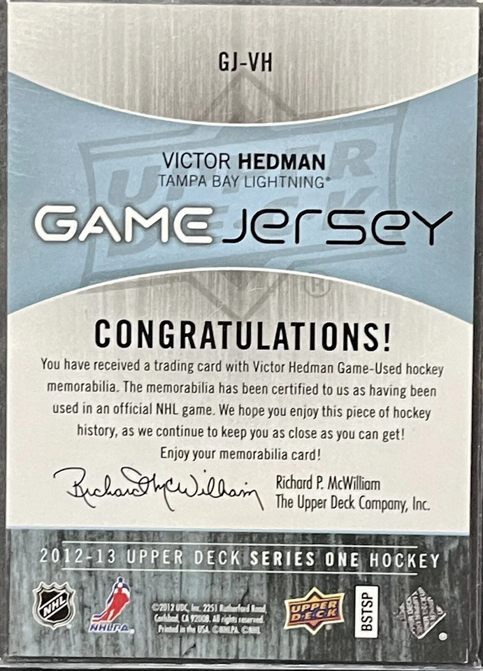 2012-13 Upper Deck Series One Game Jerseys "Victor Hedman" - Image 2 of 2