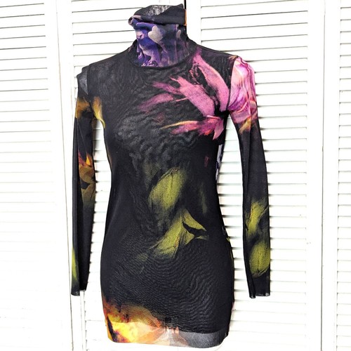 Fuzzi by Gaultier Collo Alto Turtleneck Top Mesh Floral Long Sleeve Black Medium - Picture 3 of 15