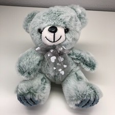 Teddy Bear Green Blue Hearts Ribbon Bow Smiling Stuffed Animal Plush 6.5"
