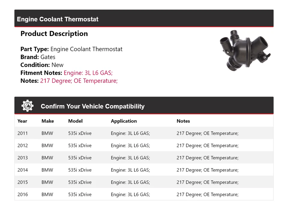 Для 2011-2016 BMW 535i xDrive 3L L6 газовый двигатель охлаждающая жидкость термостат ворота 2012 - Изображение 2 из 4