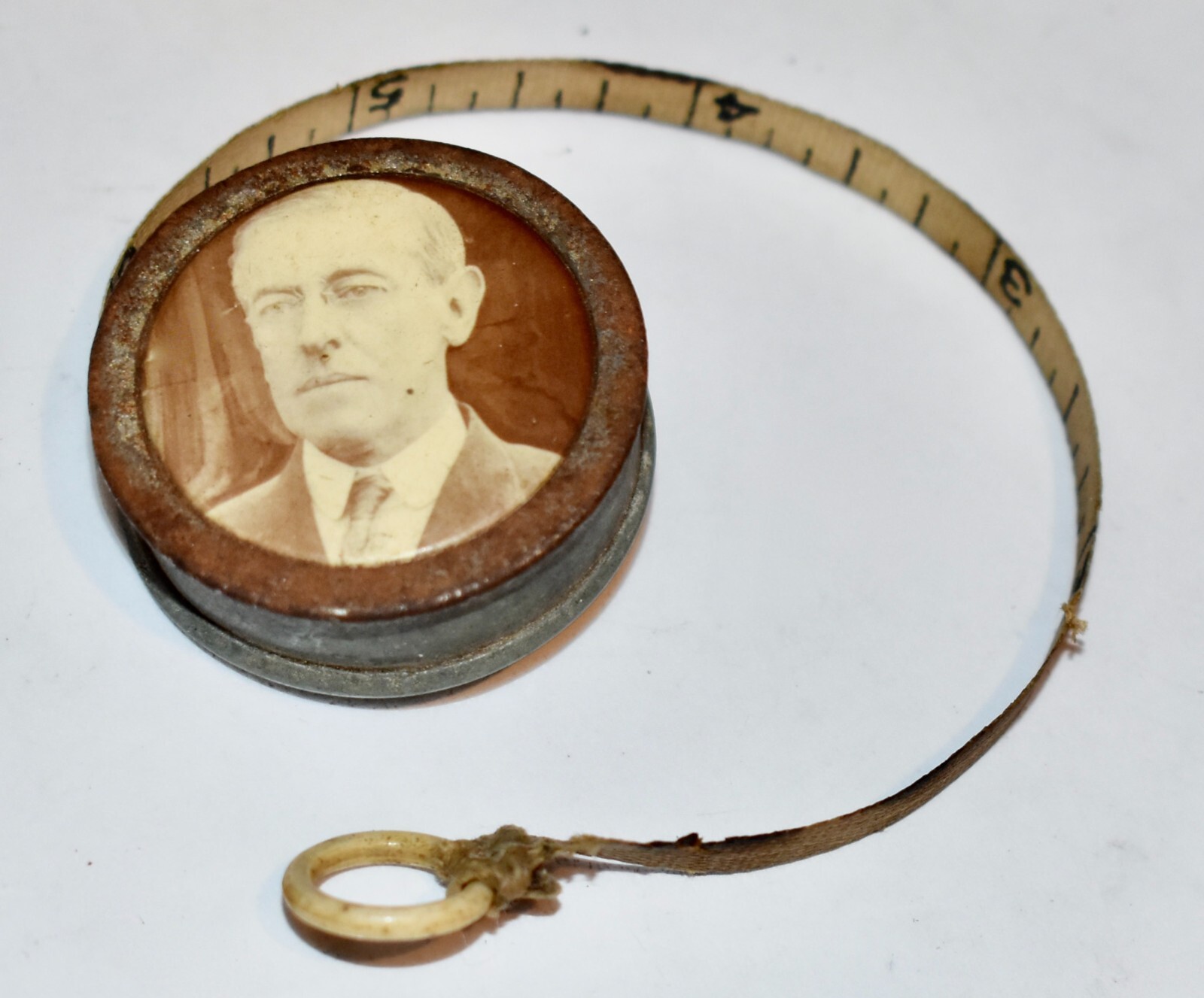 AMERICAN PRESIDENT Election Sepia Woodrow Wilson Tin & Bone Tape Measure
