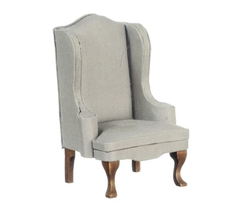 Dolls House Grey & Walnut Wing Armchair Miniature Gray Living Room Furniture - Image 1 of 1