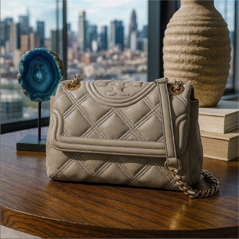 NEW Tory Burch Soft Fleming Gray Heron Leather Small Convertible