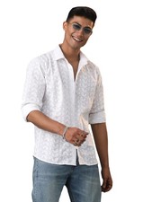 VASTRAMAY Men's Cotton Ethnic Shirt I Slim Fit Solid Chikankari Regular Shirt...