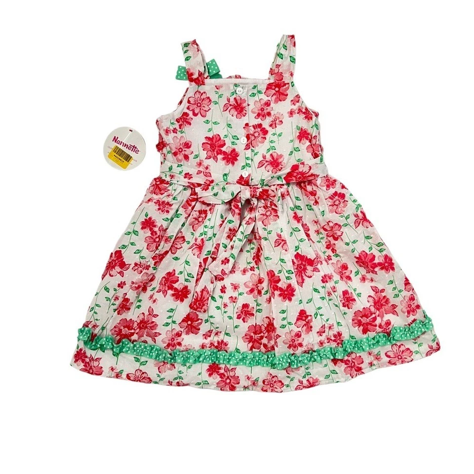Vestido Nannette Niños 100% Algodón Floral Niña Blanco Rojo Verde 5 Foto 2 de 4