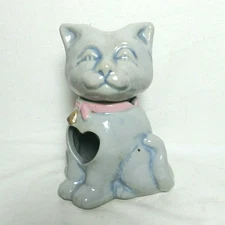 Flat Earth Clay Works Tealight Wax Warmer Kitty Cat Heart Blue Gray