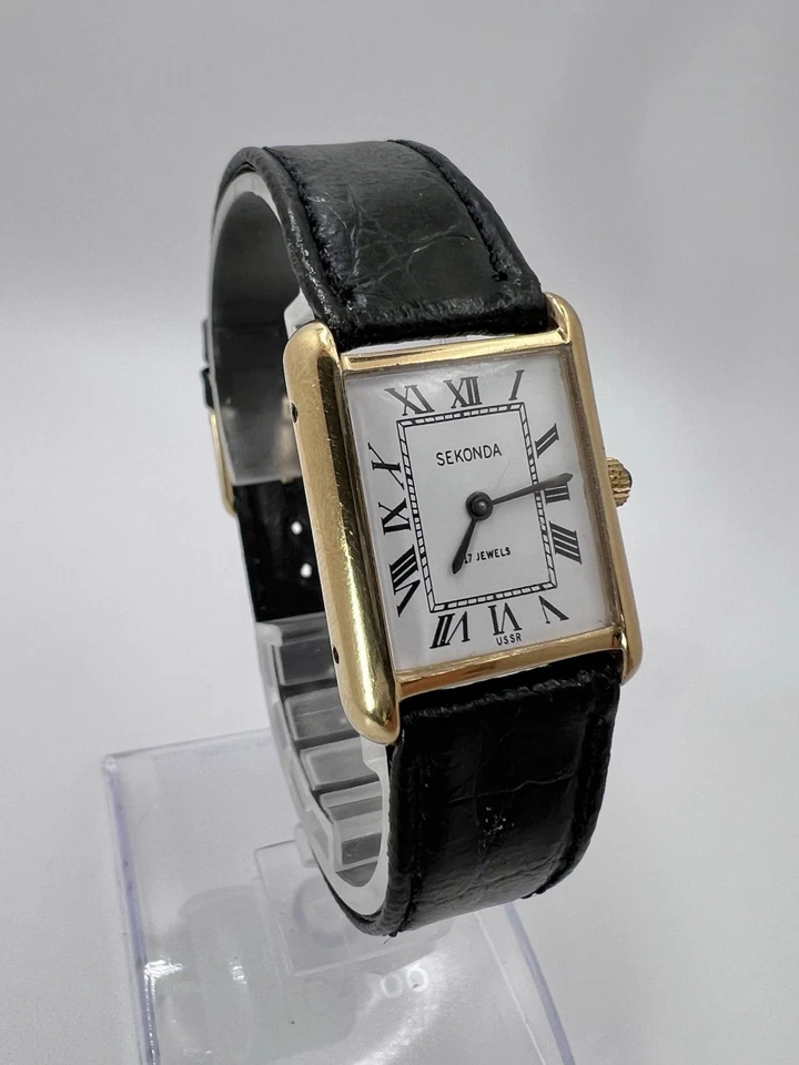 Reloj Tanque Vintage Tono Dorado Sekonda URSS Para Hombre Elegante Números Romanos Elegante Gent Foto 4 de 4