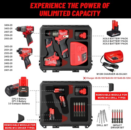 Case for Milwaukee M12 Impact Driver & Drill Set - Waterproof Tool Box with Remo - Picture 2 of 6
