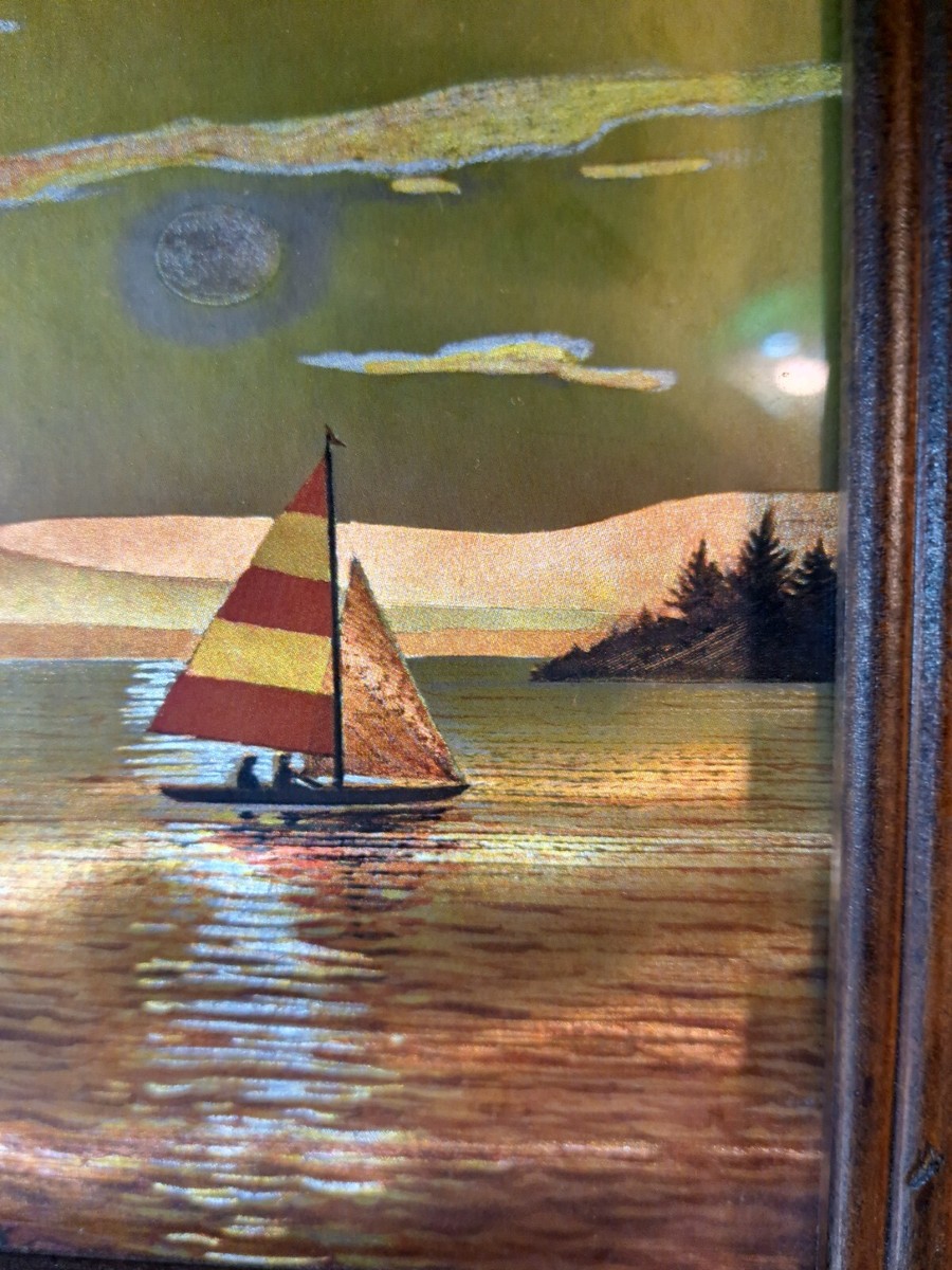Vintage Wood Framed Sailboat Scene Foil Art Signed E
