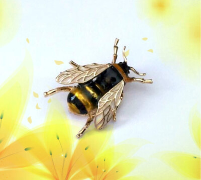 YELLOW & BLACK ENAMEL HONEY BEE BROOCH PIN~MAY AWARENESS RIBBON~BEEHIVE GARDEN