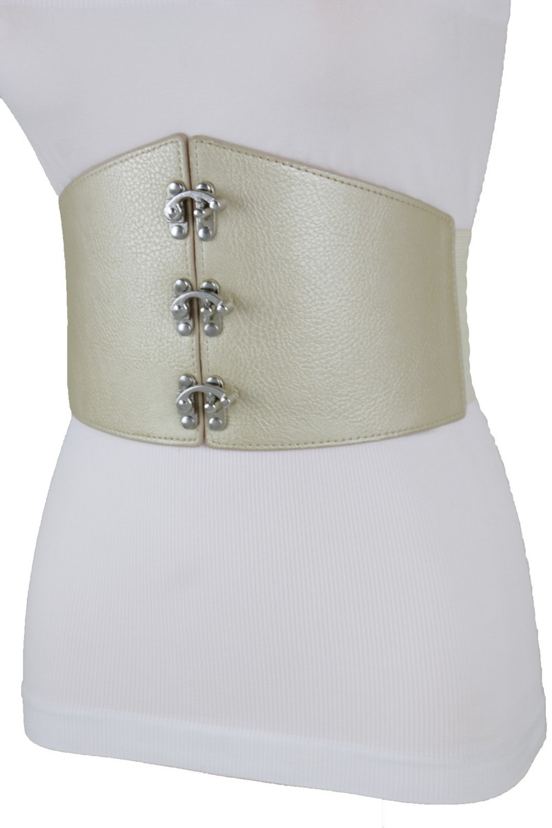 Women Elastic Gold Beige Wide Waistband Champagne Belt Hook 